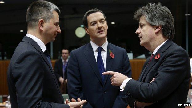 From left: Polish Finance Minister Mateusz Szczurek, UK Chancellor George Osborne and European Commissioner for Financial Services Jonathan Hill