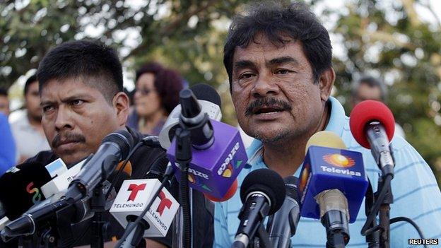 Felipe de la Cruz, father of a missing student, addresses the media in Ayotzinapa. 7 Nov 2014