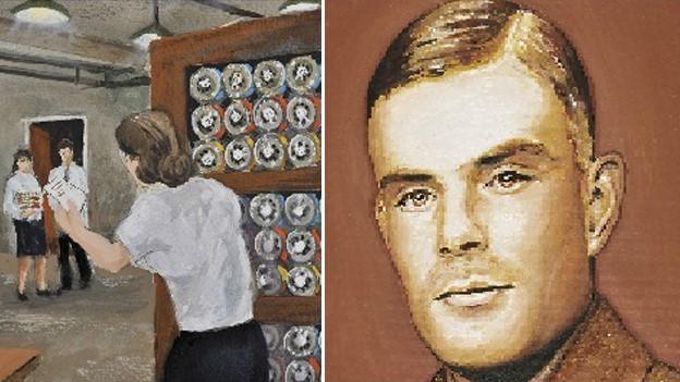 Illustration of Bombe decoding machine and Alan Turing