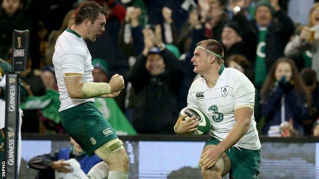 Peter O'Mahony and Irish try-scorer Rhys Ruddock