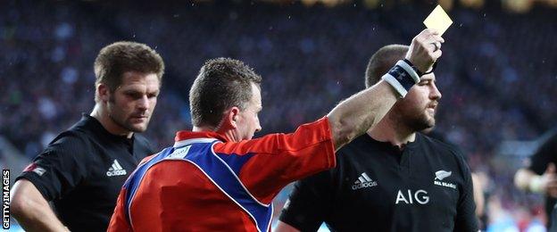 Dane Coles is sent to the bin by referee Nigel Owens