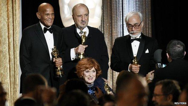 Harry Belafonte, Jean-Claude Carriere, Maureen O"Hara and Japanese film director and animator Hayao Miyazaki