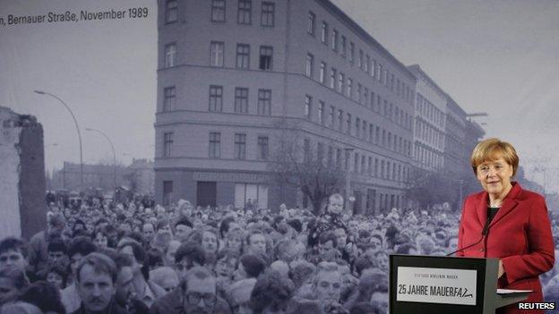 Chancellor Merkel speaking at new information centre on Bernauer Strasse, Berlin - 9 November