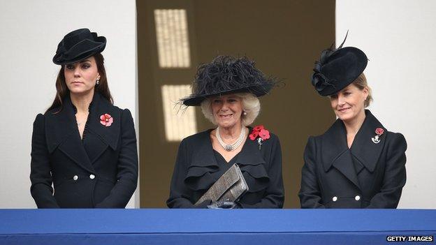 Catherine, Duchess of Cambridge, Camilla, Duchess of Cornwall, and Sophie, Countess of Wessex attend the annual Remembrance Sunday Service at the Cenotaph