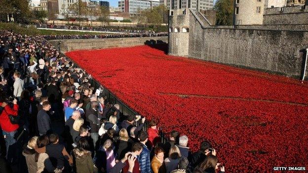 Crowds of visitors view the ceramic poppies installation on Remembrance Sunday