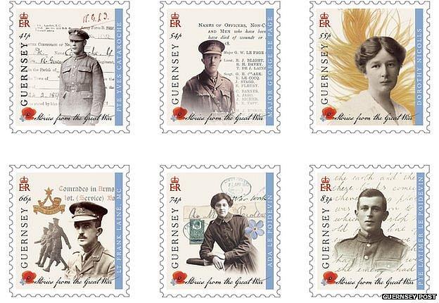 Stamps issued by Guernsey Post to commemorate WW1