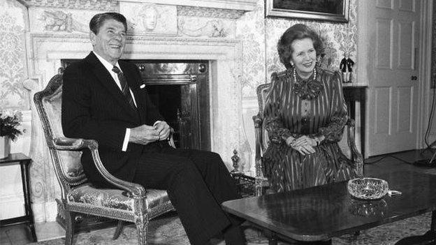 Ronald Reagan sits with Margaret Thatcher at 10 Downing Street, London in June 1984.