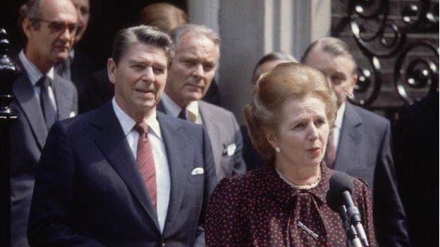 Margaret Thatcher and Ronald Reagan outside Number 10, Downing Street, 1982