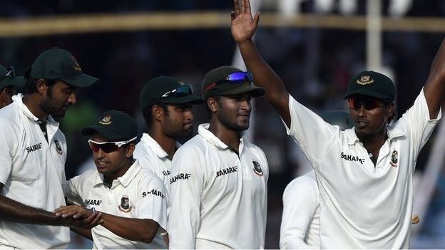 Rubel Hossain leads the celebrations after Bangladesh win the second Test to clinch the series