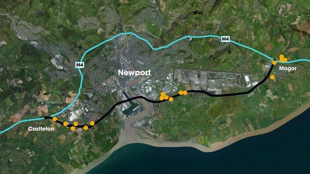 Yellow dots mark land or property owned by the Welsh government