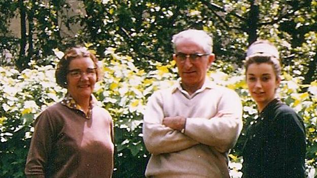 Gay Search (right) with her parents in the garden of 1 Courtfield Gardens