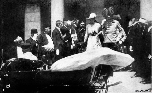 Postcard of photo showing Archduke Franz Ferdinand and wife Sophie, Duchess of Hohenberg, on the day they were assassinated in Sarajevo, 28 June 1914