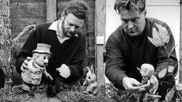 Peter Firmin (left) and Oliver Postgate making Pogles' Wood in 1966