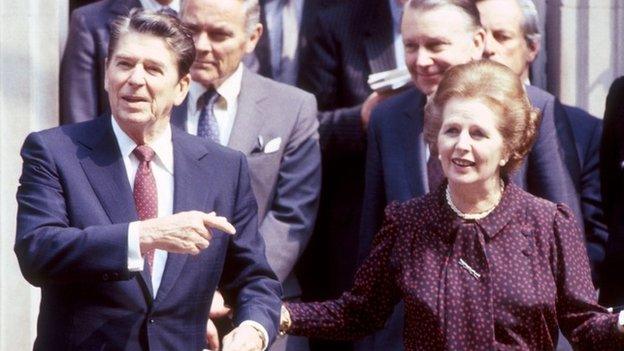 Ronald Reagan and Margaret Thatcher outside No.10 Downing Street, 1982.