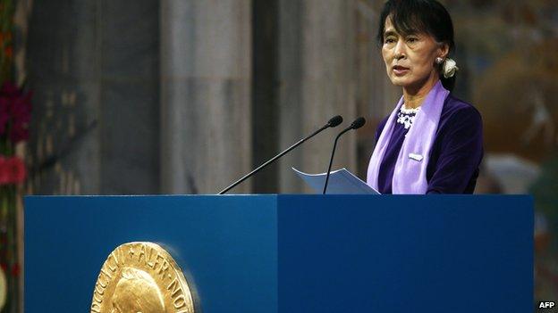 Myanmar democracy icon Aung San Suu Kyi delivers her Nobel speech at the Nobel ceremony in Oslo's City Hall on 16 June, 2012