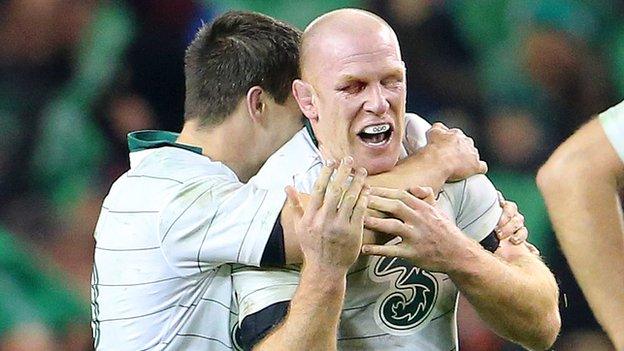 Jonathan Sexton embraces Paul O'Connell during Ireland's win over South Africa