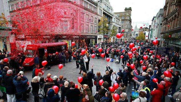 The scene in Liverpool City Centre following the observation of two minutes silence at 11am to mark Armistice Day.