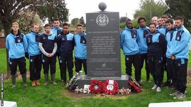 Wycombe Wanderers players at the memorial for the footballers' battalion