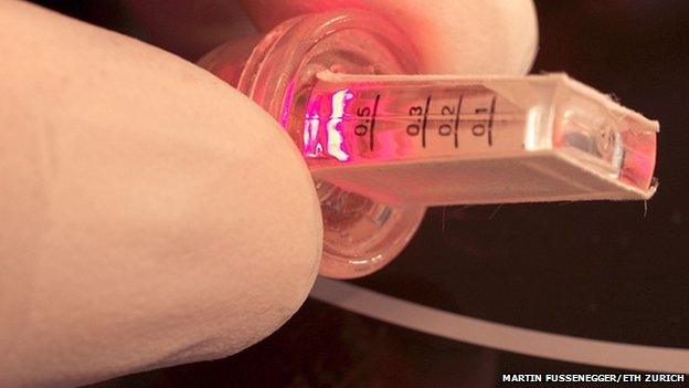 Thoughts control an infrared LED, which starts the production of a molecule in a reaction chamber