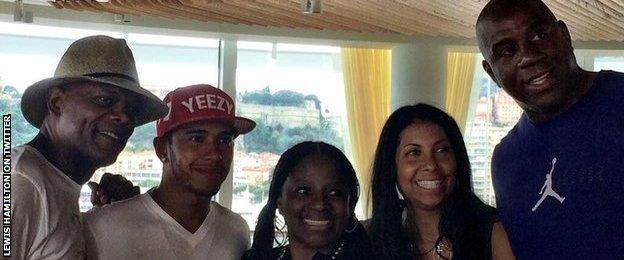 Lewis Hamilton, Magic Johnson and Samuel L Jackson in Monaco