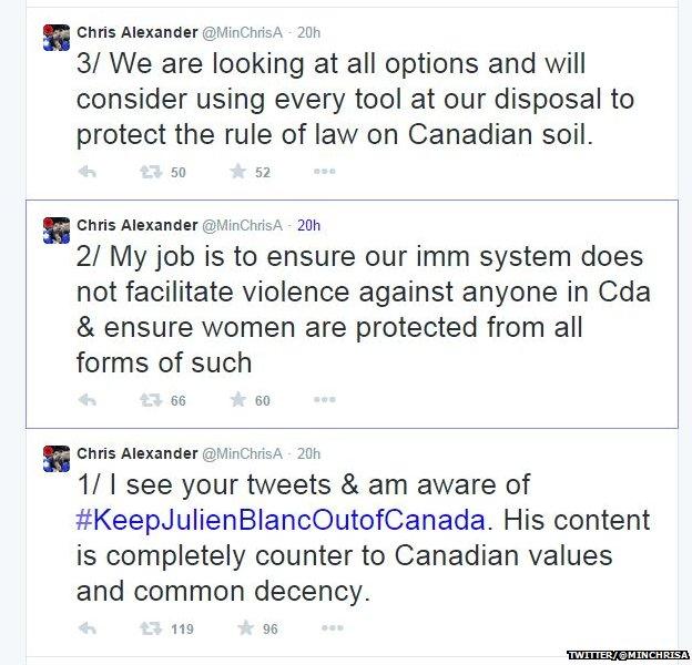 Tweets from Canada's Citizen and Immigration Minister Chris Alexander