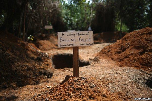 A grave in a cemetery for Ebola victims in Bong County, Liberia