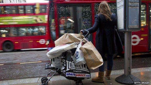 A woman waiting for a bus with a pushchair full of shopping