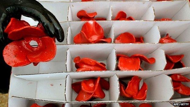 Volunteers package ceramic poppies from the moat of the Tower of London