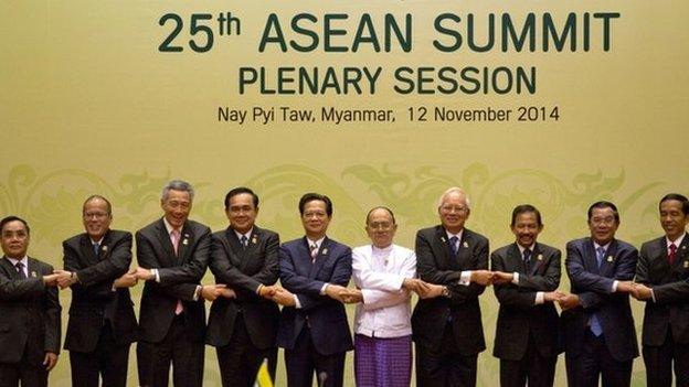 Leaders of Association of Southeast Asian Nations (ASEAN) pose for a group photo during a plenary session of the 25th ASEAN summit at Myanmar International Convention Center in Naypyitaw, Myanmar, Wednesday, 12 Nov 2014