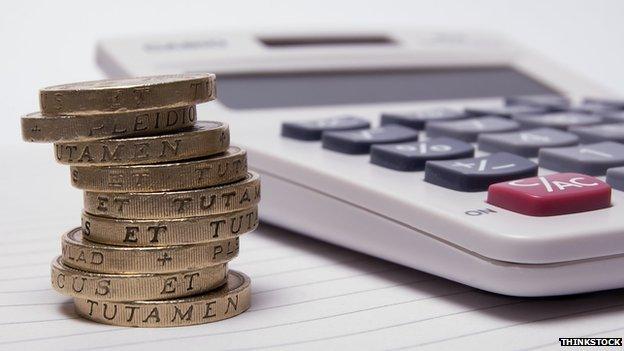 Calculator and pile of pound coins