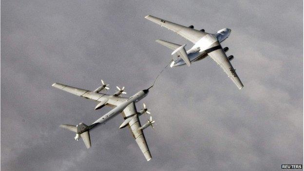 Russian Tupolev Tu-95 strategic bomber refuelling over an unknown location during a military exercise