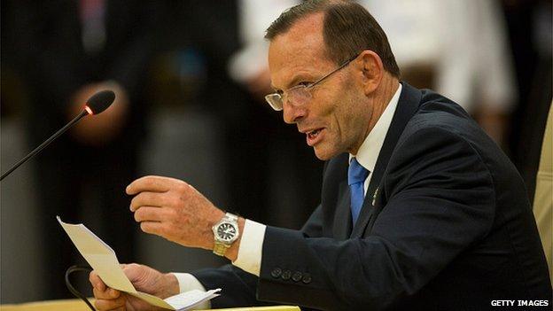 Australian Prime Minister Tony Abbott speaks during the 40th Anniversary summit meeting on the first day of the ASEAN Summit on November 12, 2014 in Naypyidaw, Burma