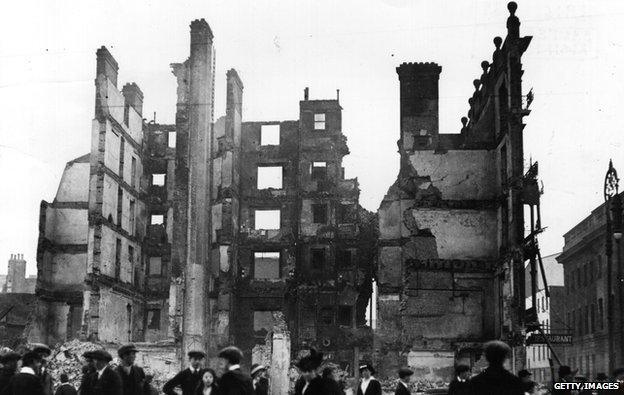 The ruins of Dublin's Sackville Street (later renamed O'Connell Street) after the 1916 Easter Rising