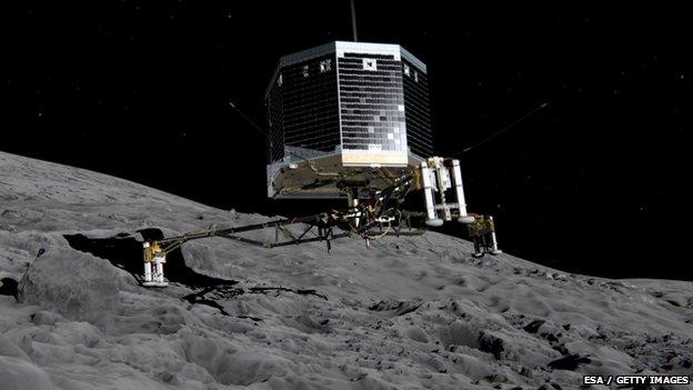 Illustration provided by the European Space Agency (ESA) the Philae lander is pictured descending onto the 67P/Churyumov-Gerasimenko comet