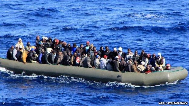 Migrants in a boat in Italian waters