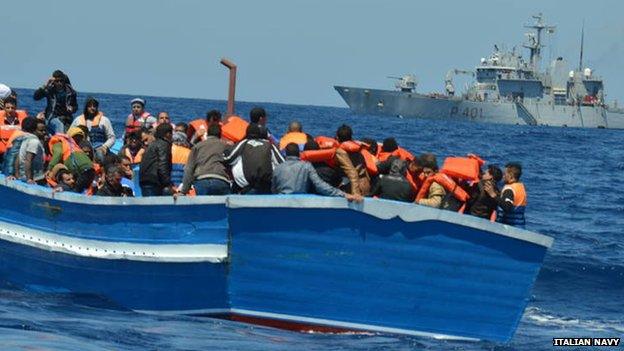 Migrants on a boat in Italian waters