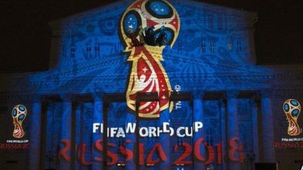 The official logo for the 2018 World Cup is shown off on the facade of the Bolshoi Theatre in Moscow