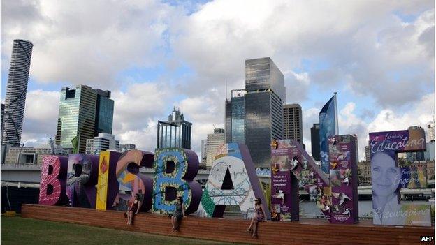 A Brisbane sign is displayed along the Brisbane River bank on November 13, 2014, ahead of the G20 Summit. Brisbane will host the G20 Leadership Summit on November 15-16.