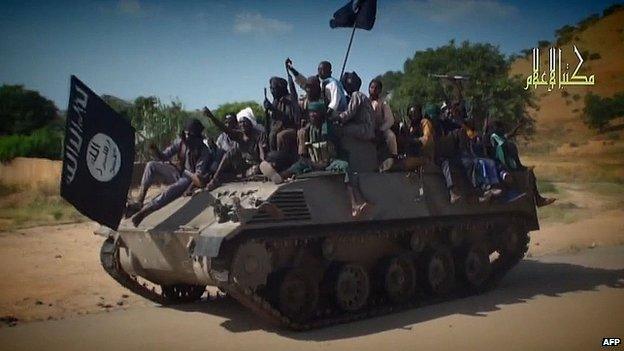 Boko Haram video shows fighters parading captured tank in an unidentified town. 9 Nov 2014