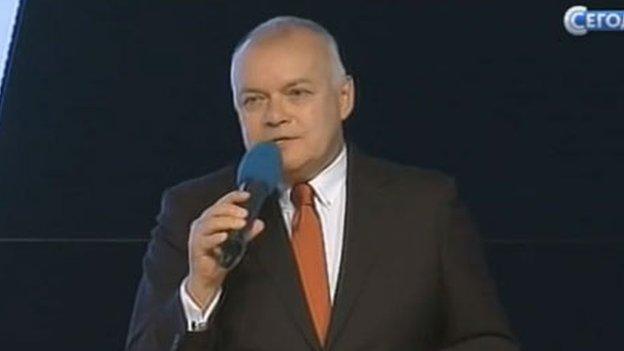 Russian NTV screengrab of Dmitry Kiselev at the launch of Sputnik