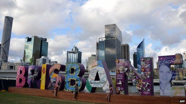 A Brisbane sign is displayed along the Brisbane River bank on 13 November 2014, ahead of the G20 Summit