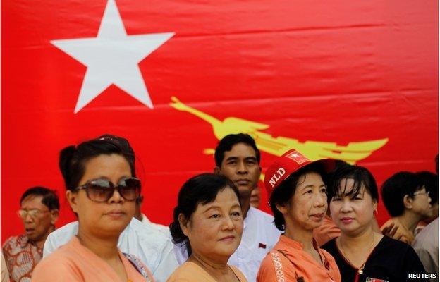 Members of Myanmar"s National League for Democracy (NLD) gather in front of their head office to celebrate the 26th anniversary their party's founding, in Yangon 27 September 2014