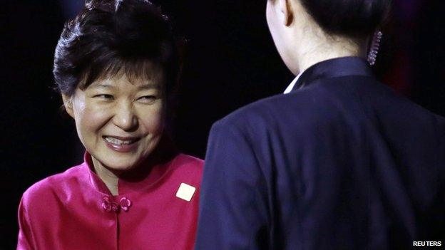 South Korean President Park Geun-hye, in a traditional Chinese outfit, attends the Asia-Pacific Economic Cooperation welcome banquet at the Beijing National Aquatics Center, or the Water Cube, in Beijing, on 10 November, 2014