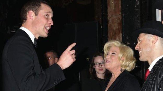 The Duke of Cambridge meets Bette Midler at the end of the Royal Variety Performance