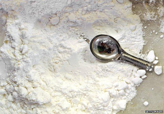 A tub of potassium gluconate is seen on a production table at the Soylent corporate office in Oakland, California on September 09, 2013