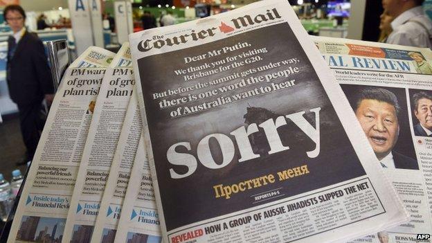 Newspaper front page calls on Mr Putin to apologise for the downing of flight MH17 - 14 November