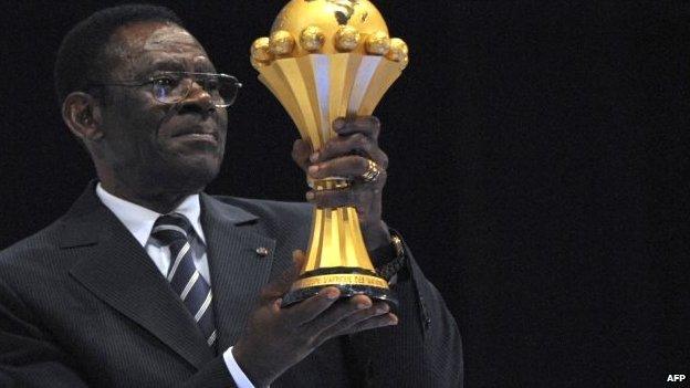 Equatorial Guinea President Teodoro Obiang Nguema holding the Africa Cup of Nations trophy - 2011