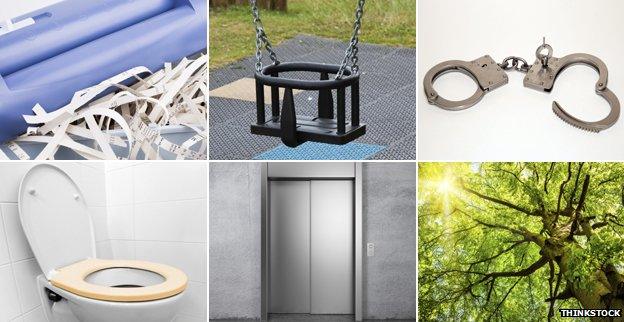 Paper shredder, baby swing, handcuffs, toilet seat, lift, tree