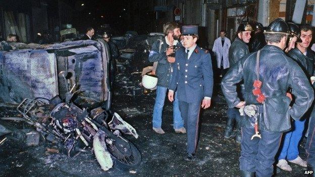 The aftermath of a 1980 bomb attack, which hit a Paris synagogue on Rue Copernic