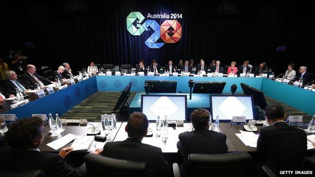 Australian Prime Minister Tony Abbott addresses the B20 meeting ahead of the G20 leaders summit on 14 November 2014 in Brisbane Australia